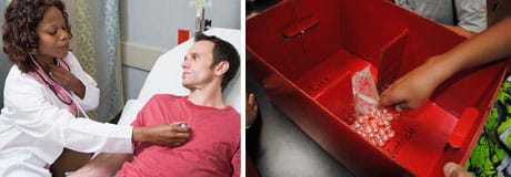 Two photos: A woman listens as she holds a stethoscope on a reclining man's chest. An example model heart box from the activity, with two chambers representing the left atrium and left ventricle and a valve between the two chambers that students made from plastic wrap and Popsicle sticks. Marbles representing blood cells are used to test the functioning of the prototype one-way valve.  