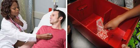 Two photos: A woman listens as she holds a stethoscope on a reclining man's chest. An example model heart box from the activity, with two chambers representing the left atrium and left ventricle and a valve between the two chambers that students made from plastic wrap and Popsicle sticks. Marbles representing blood cells are used to test the functioning of the prototype one-way valve. 