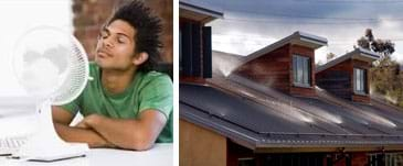 Two photos: A man sits in front of a desk fan blowing on his upturned face with eyes closed. Misting rooftop water sprayers cool a home.