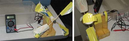 Two photos: (left) Front view shows a pinwheel-type device with four scoop blades made from cut paper cups taped to block of wood and a multimeter with red and black connectors is propped up nearby. (right) Side view shows how turbine wood block and motor are connected to each other and taped to another block of wood to leave clearance for blades to spin.