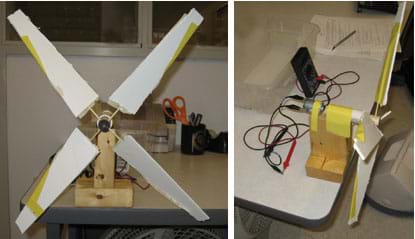 Two photos: (left) Front view shows a pinwheel-type device with four angled blades made from foam core board and paper taped to a block of wood on a table. (right) Side view shows how turbine wood block and motor are connected to each other and taped to another tall block of wood to leave clearance for blades to spin. A multimeter with red and black connectors and leads is nearby.