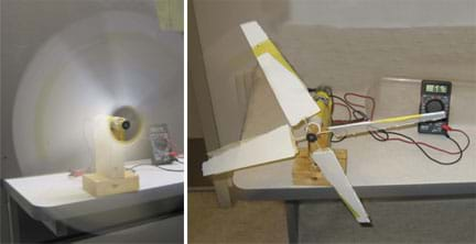 Two photos: (left) A spinning turbine looks like a blur. (right) A multimeter near a spinning four-blade foam core board turbine shows 66.7. 