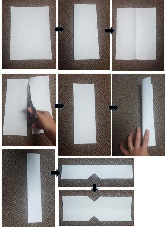 A series of nine photos linked by arrows show the steps to fold and cut a piece of copy paper in half lengthwise, then further cut it to notch out triangles from the middle of each of its long sides.