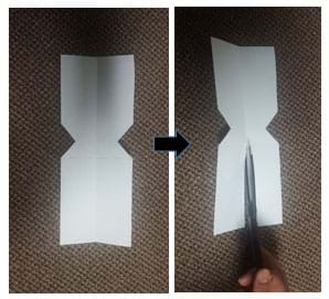 Two photographs show where to cut to split one half of the lengthwise half sheet of notched paper to make two flaps that will become two paper helicopter propeller blades.