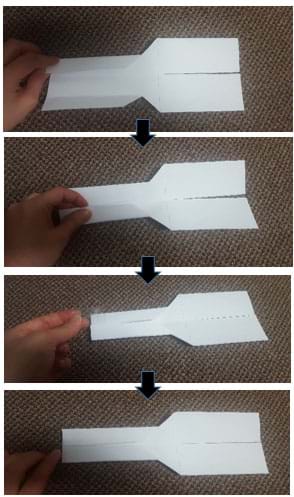 A series of four photographs show half of the lengthwise half sheet of paper being further folded in on each side to create the helicopter base.