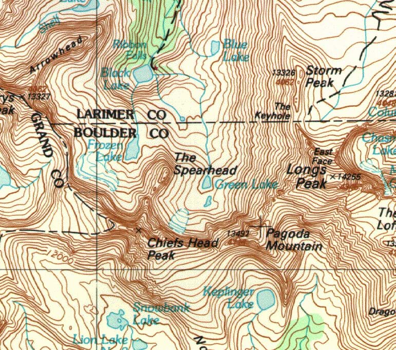 A section of a topographical map of Colorado, showing elevation contour lines, peaks and trails.