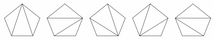 A line drawing shows five pentagons. Each one has two interior lines drawn from one point (vertex) to every other point (vertex) of the shape, resulting in three interior triangles in every case (five different vertices are shown).
