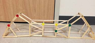 A photograph shows a truss structure made from Popsicle sticks glued together at their corners so it is a very open and angular, forming a long yet narrow bridge shape. Two small round stickers are attached at the corners of three types of polygons to identify target angles, which are measured before/after compression load testing for deformation.
