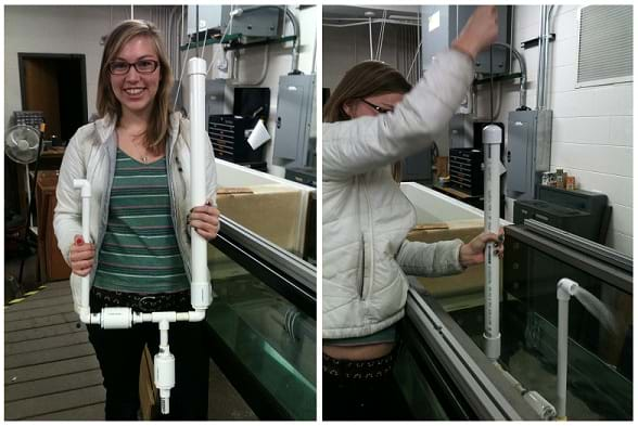 Two photos: A girl holds a Y-shaped pump made of white PVC piping. With the main trunk of the Y device standing in a sink of water, she pushes down a plunger on one end of the top of the Y and water sprays out the other end of the top of the Y.