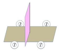 A 3D line drawing shows a rectangular (cardboard) base with two (coffee stirrer) axles and four (ring-shaped candy) wheels to which is attached vertically in the center of the base a (wooden skewer) mast with a rectangular (pink tissue paper) sail.