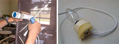 Two photos: (left) A hand holds a glue gun to a piece of white PVC pipe held to a board by a second hand. (right) A small clear light bulb in a socket wrapped with foam and taped, with an electrical cord protruding from the foam.