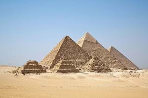 A view of the Giza pyramids from the plateau to the south of the complex.