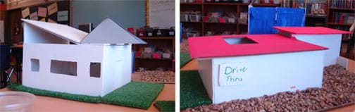 Two photos: (left) A rectangular foam core board model home with three windows and a combination shed and gable roof. (right) Two attached rectangular foam core board model buildings with deep overhanging flat roofs, surrounded by pebbles and Astroturf.