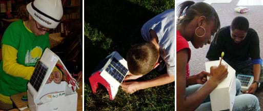 Three photos: (left) A girl works with the wiring under a peaked roof of a model foam-core structure. (middle) A boy adjusts wires from the mini solar panel on the roof of his red-painted model structure with a big arched red door at one end. (right) A young girl pencils cut lines on the wall of a foam-core model.