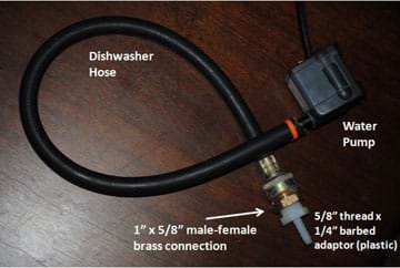 Photo shows hose connection set-up, which includes a small water pump connected to dishwasher hosing followed by clear plastic tubing and PVC.
