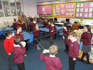 Students in a classroom using string and cups to model a string telephone.