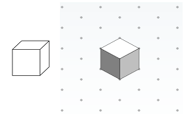 Line drawing of two cubes. The one on the left is drawn non-isometrically with varying corner angles and three different side areas; one of the cube’s sides faces the viewer, straight on. The cube on the right is drawn isometrically with equal corners angles and three cube sides; one of the cube’s vertical corners faces the viewer, straight on.