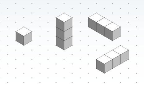 Four different images of cube shapes drawn on triangle-dot paper. From left to right: a single cube, a tall stack of three cubes, and then two images that show two different angles of a three-cube tower with its long side down. 
