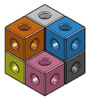 A drawing shows seven toy snap cubes of equal size snapped together to compose a bigger cube with one corner cube missing. A drawing shows seven toy snap cubes of equal size snapped together to compose a bigger cube with one corner cube missing.
