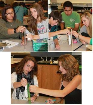 Three photos each show two or three teens sitting at tables with one person holding a ruler vertically with one end touching the table and another holding a cylindrically shaped piece of silly putty next to the ruler. Using a stopwatch for timing, they watch the silly putty stretch towards the table and take measurements.