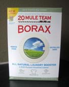 Photo shows a cardboard box of "20 Mule Team Borax—all natural laundry booster."