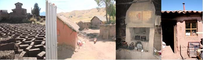 Four photos: Adobe (mud) bricks drying in the sun. Adobe houses with grass (thatched) roofs. Traditional stove used in a home for cooking and heating; it has a "chimney" made of cardboard. An adobe home with tile roof, door, window and chimney.