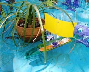 Photo shows a miniature Viking ship with a yellow sail floating by a potted plant placed in a backyard children's wading pool.