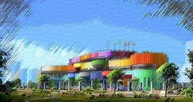 Artist's sketch of a colorful building with modern architecture, designed to be an energy-efficient building for the Beijing Olympics Village.