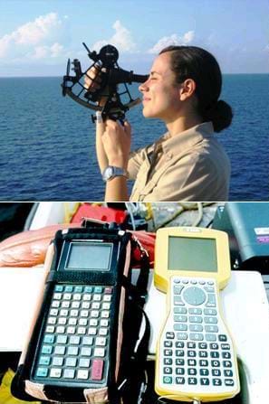 Two photos: A woman at sea looks into the lens of a black, metal hand-held device. Two different types of GPS receivers, hand-held devices with many buttons and small display screens.
