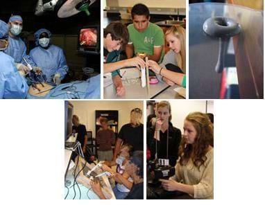 Five photos: Laparoscopic surgery being performed. Three students measuring the stretch of silly putty. A lump of silly putty seeps through a hole. Students control a remote camera and tools. A student uses a device to remotely collect data and samples.