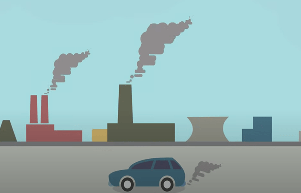 A graphic showing emissions from industrial plants and cars. 