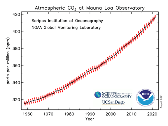 A graph showing the atmospheric CO2 at the Mauna Loa Observatory ranging from 1960-2020.