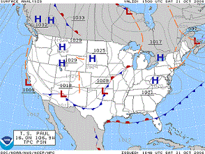 A surface analysis map of the U.S. showing the temperature variations (high and low temperatures) across the country.