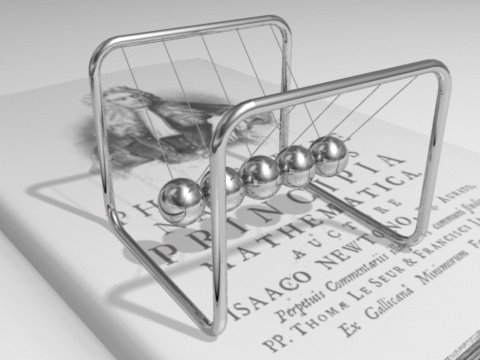 An animation shows a metal frame with five steel balls hanging from it in a line, each touching the balls next to it. As one of the balls is pulled away from the line and let go to be set into motion, it hits the next ball in line and causes a reaction to the subsequent other balls, resulting in the movement of the ball on the opposite end of the line. When this last ball falls back to the ball lineup, the energy is again transferred ball to ball, returning to the first ball. This process repeats and is an illustration of Newton’s third law of motion: for every action there is an equal and opposite reaction.