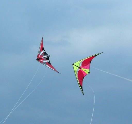 A photograph shows two dual line stunt kites flying together in the sky.