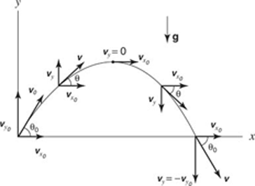 A graph shows the path of a projectile and the direction of its horizontal and vertical motion at five different points on a parabolic path.