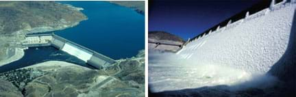 Two photo: (left) Aerial view of long, straight concrete dam and adjoining power plant across a curving blue river. (right) Closer view of foamy white water cascading over a concrete wall of the same dam.