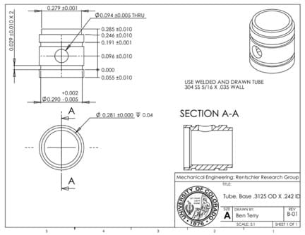 A detail drawing of a tube base shows the front, bottom, and isometric views with dimensions specified.