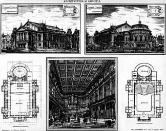 Pen and ink drawings show two floor plans, and three perspectives of a cavernous interior room and the building exterior from two different angles.