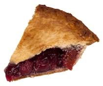 A photograph of a piece of pie with cherry filling.