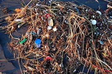 Plastic and trash washed ashore after a storm on the Ocean Beach in San Fransisco.