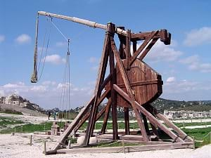 A large wooden trebuchet at the Chateau des Baux, France. 