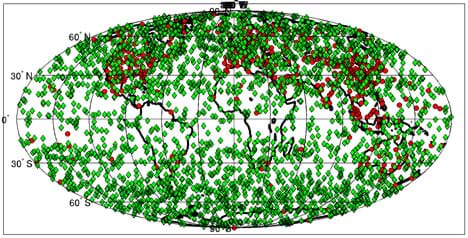 An oval map of the Earth and its continents is nearly completely covered with green dots (~2,500), while not nearly as many red dots (~900) exist (and they are mainly over land masses).