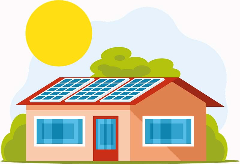 Image shows the sun shining above a house with solar panels on the roof. 