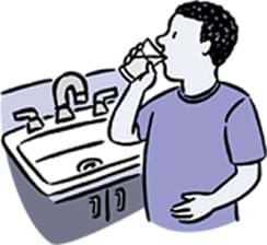 A drawing of a person drinking a cup of water next to a sink