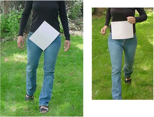 Photographs of a person walking with the paper falling off of her body and a person running with the paper staying pressed against her body.