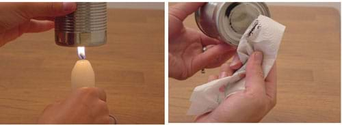 Two photographs show a candle burning below a soup can, and a person wiping away the black, carbon buildup from the bottom of the can.