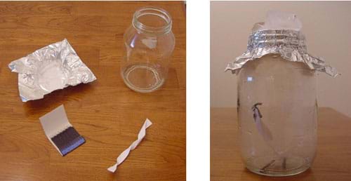 Two photographs. One shows the demo materials: a glass jar, a piece of twisted paper, matches and foil. The second shows a smoke-filled jar with a foil "lid" topped with ice cubes.