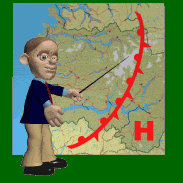 Image of a doll-like weatherman pointing to a large map marked with a red line (front) and H (high pressure system).