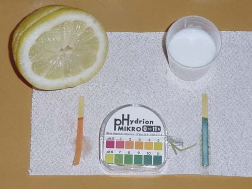 A photograph shows a pH indicator that has turned red from a lemon and a pH indicator that has turned blue from milk.